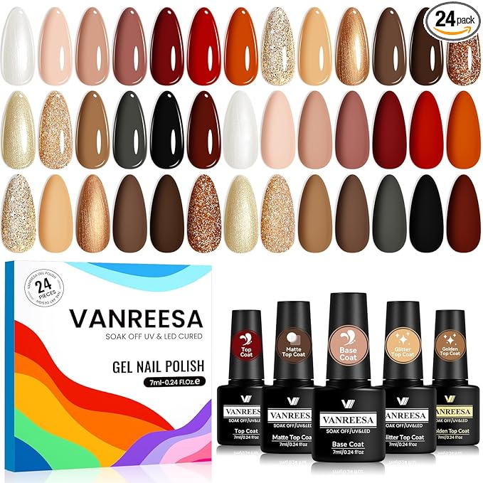 VANREESA 24 Pcs Gel Nail Polish Set -Elegant Colors Gel Polish with Base Coat & 4 Effects of Top Coat Pearl White Nude Brown Red Orange Gray Black Glitter Gel Polish Set Nail Kit Gifts for Women Girls