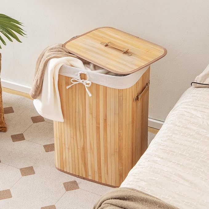 Giantex Bamboo Laundry Hamper with Lid Removable Liner & Handles | 72L Large & Tall Clothes Hamper, Rectangular Laundry Basket for Small Spaces, Laundry Room, Bedroom, Natural