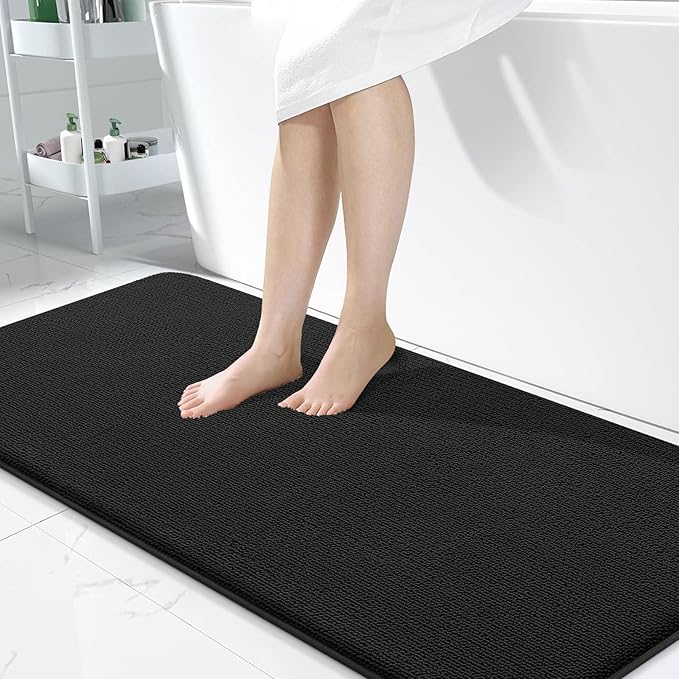 OLANLY Memory Foam Large Bathroom Rugs 50x30, Absorbent Bath Mat, Black | Soft Quick Dry Bath Mat Rugs, Non-Slip, Machine Washable Mat for Bathroom Floor, Tub and Shower, Home Decor Accessories