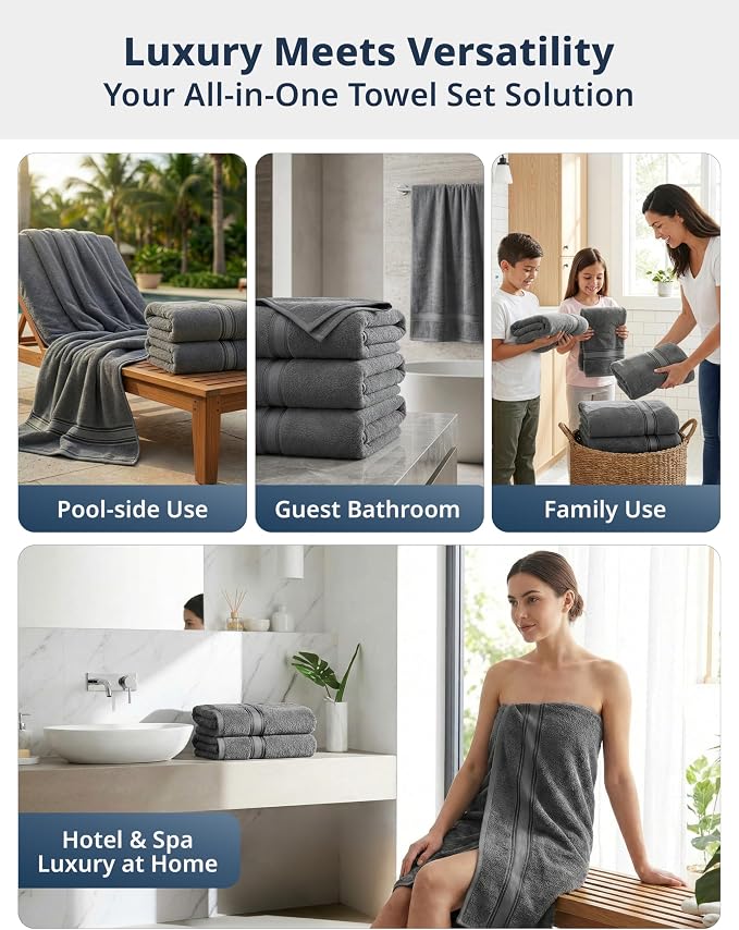 LANE LINEN Towel Set for Bathroom 4 Piece Soft Absorbent Quick Dry - Grey | Towels And Washcloths Sets - Oversized & Roomy, Lightweight & Breathable, Fade-Resistant Color, Classic Terry Weave