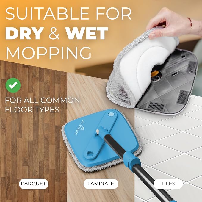 Spin Mop and Bucket Set with Wringer – Dual-Chamber Self Wringing Mop, Flat Microfiber Mop for Hardwood, Tile & Vinyl Floors, 2 Washable Replacement Heads, 63" Handle, Blue