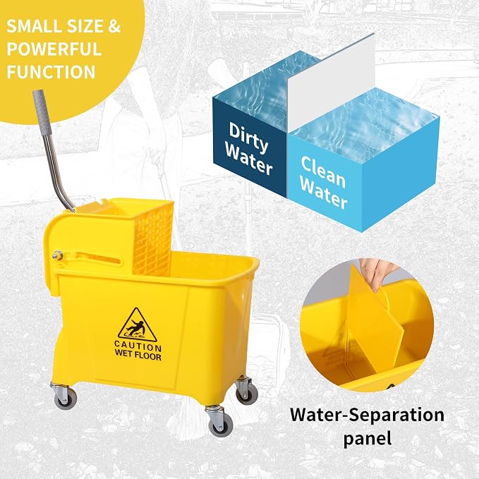 22-Qt (5.5 Gallon) Mop Bucket with Wringer on Wheels,Add One Cotton Mop | Household Mop and Bucket Set for Floor Cleaning ,Yellow ,15.7" L x 10.6" W x 31" H