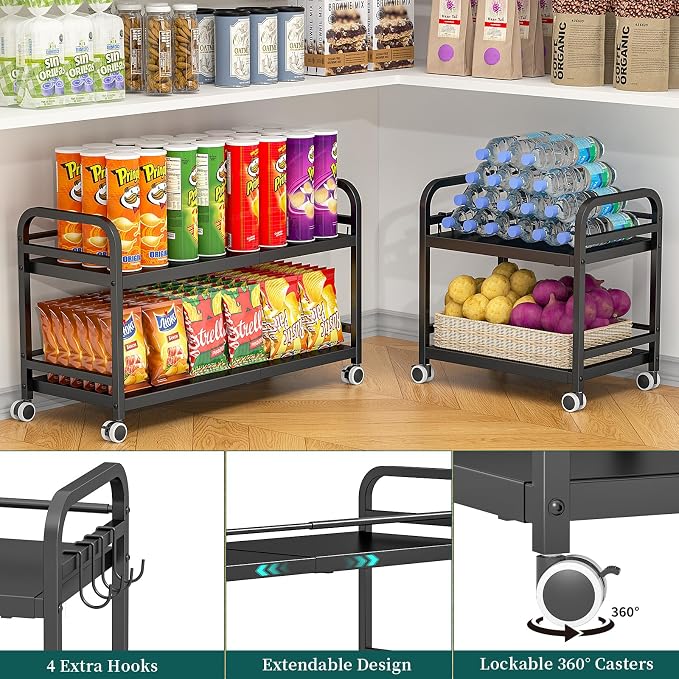 2-Tier Expandable Rolling Cart, Pantry Storage Cart with Wheels, Adjustable Rolling Pantry Floor Organizer, Metal Under Desk Cart, Can Storage & Snack Organizer for Kitchen Pantry, Black