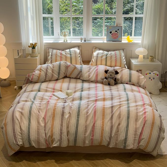 mixinni Vintage Striped Duvet Cover Set King, 3-Piece 100% Washed Cotton Bedding Set - Soft & Breathable Colorful Comforter Cover with Zipper, All-Season Lightweight Bed Set for Cozy Home