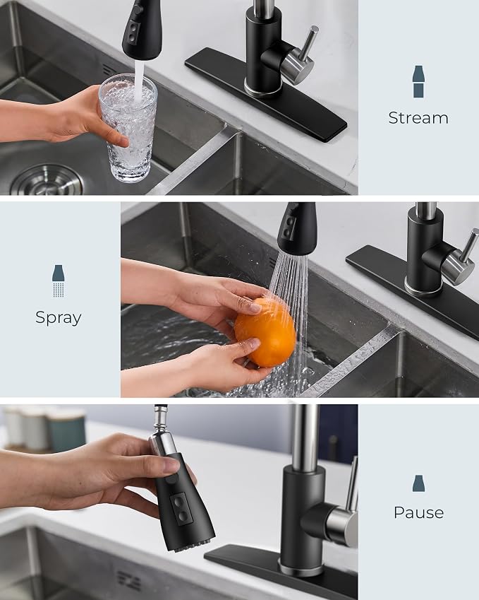 FORIOUS Kitchen Faucets with Soap Dispenser and Pull Down Sprayer, Bar High Arc Single Handle Classic 3 Modes Stainless Steel Faucet for Kitchen Sink Farmhouse RV Laundry Camper, Black Brushed