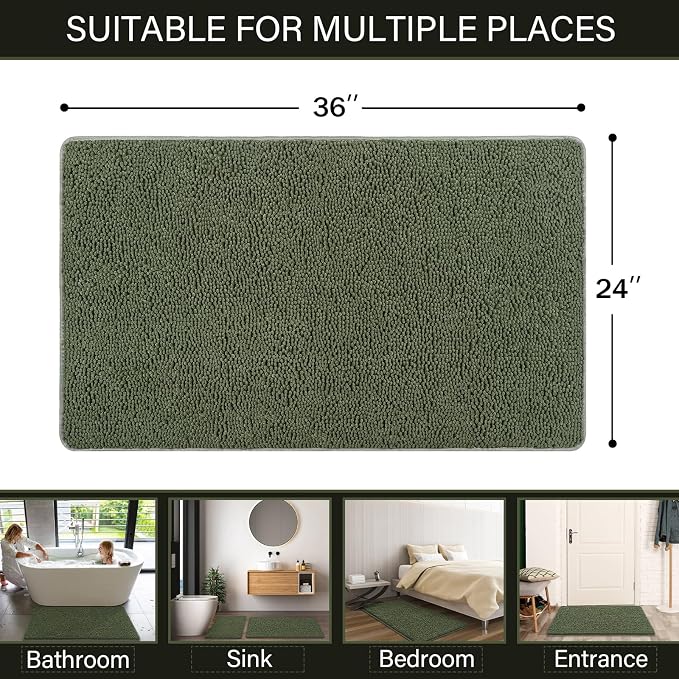 LOCHAS Luxury Bathroom Rug Shaggy Bath Mat 24 x 36 Inch, Olive Green | Washable Non Slip Bath Rugs for Bathroom Shower, Soft Plush Chenille Absorbent Carpets