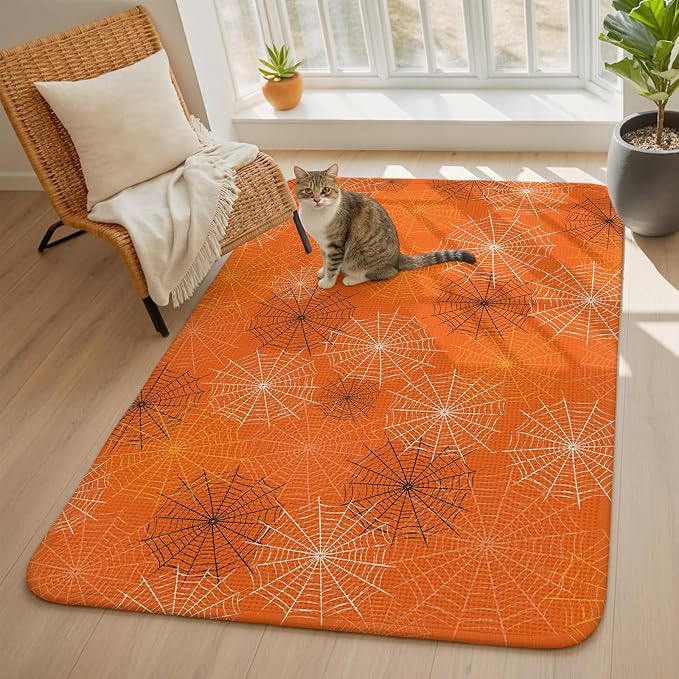 Orange Halloween Washable Area Rugs for Living Room Bedroom, Large Non Slip Indoor Floor Carpet Absorbent Low Pile Black White Net Halloween Door Mat Rugs for Bathroom Entryway 63"x78.7"