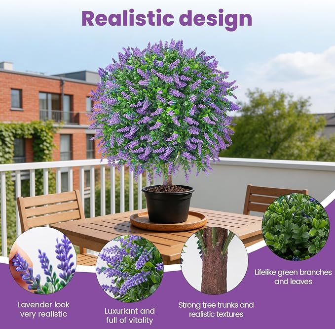 Artificial Lavender Ball Topiary Trees, 4 Pack | Ground Spike, No-Fade UV Resistant, Round Fake Plants, Outdoor Garden Yard Patio Decor