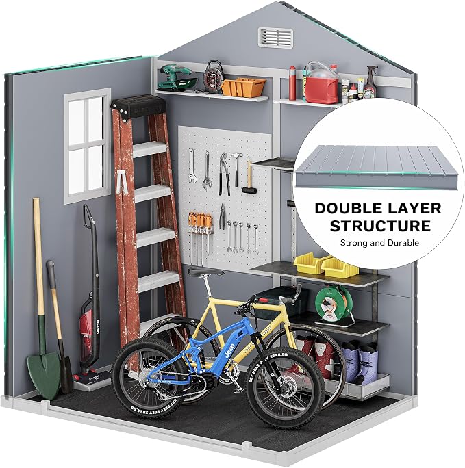 DWVO 6x4.4 FT Resin Storage Shed with Reinforced Floor, Outdoor Storage Shed with Lockable Door, Window and Vents, Waterproof Plastic Tool Shed for Garden, Backyard, Patio, Lawn