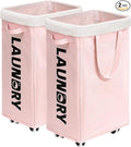CHICVITA Laundry Hamper with Wheels 2-Pack, 75L Collapsible Laundry Basket with Removable Wash Bags, Pink Laundry Hamper for Corner Dorm, Rolling Laundry Basket on Wheels