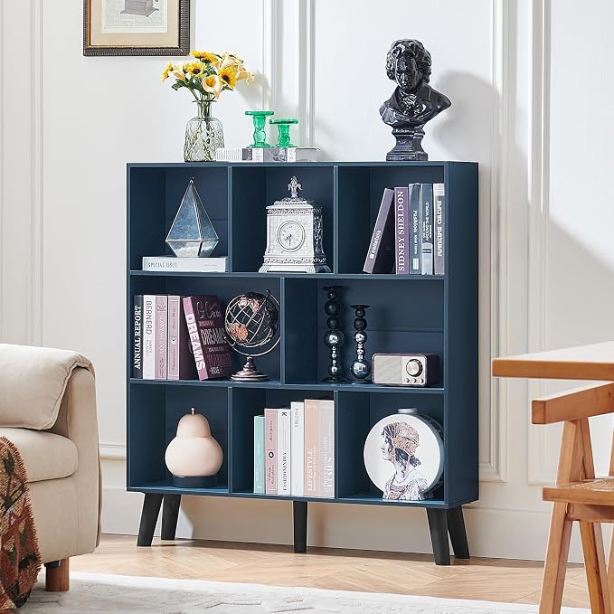 LEYAOYAO 8 Cube Bookshelf,Mid-Century Modern Book Shelf with Legs,Dark Blue | 3 Tier Bookcase, Rustic Wood Bookshelves Freestanding Large Storage Organizer, Open Shelves for Bedroom, Living Room, Office