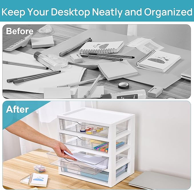 Vtopmart Clear Plastic Desk Organizer, 4-Tier Assemble Desktop File Organizer with Drawers, Office Desk Organization for Office Supplies