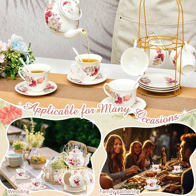 Zhehao 20 Pcs Porcelain Tea Set with Metal Holder and Spoon Adult Ceramic Tea Set European Flower Painting Teapot Cup Saucer Spoon for Women Mom Gift, Large Version (Grace Style)