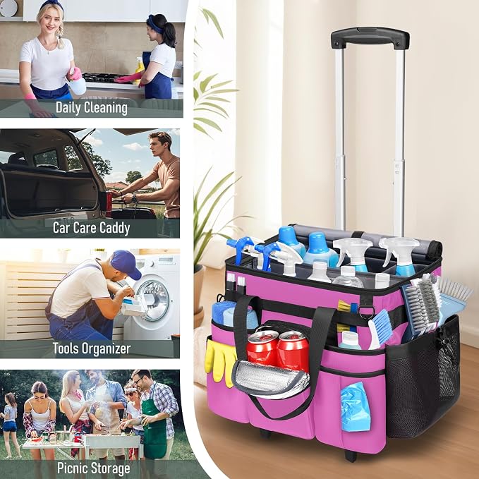 Ytonet Cleaning Caddy with Wheels, X Large Rolling Caddy Bag with Detachable Trolley for Housekeepers, Water Resistant Cleaning Cart Supplies Organizer for Home, Car, Tool Organizer, Mobile Storage
