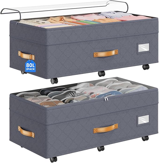 80L 2 Pack Adjustable Under Bed Storage Containers with Wheels | Rolling shoe storage organizer with clear lids and label for dorm home clothes, blankets, toys, easy to install, grey