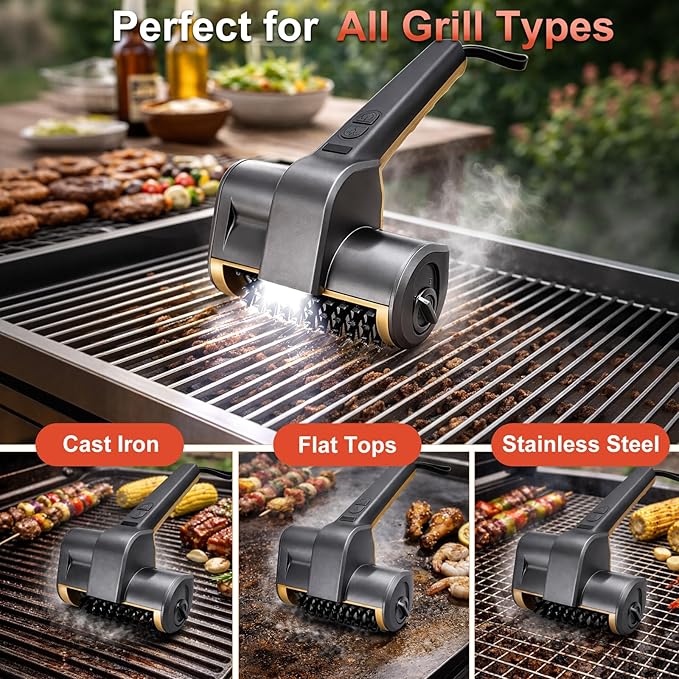 Electric Grill Brush for Outdoor Grill, BBQ Grill Cleaner with 3 Brush Heads, 3-Speed Cordless Rotary Brush, Adjustable Angle, 150-Min Runtime, Grill Cleaning Tool for Barbecue Grates