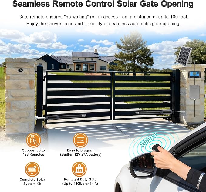 C01-L Solar Gate Openers with Batteries & Solar Panel for Dual Swing Gate Up to 14ft Long or 440lb Per Arm, Automatic Gate Openers for Driveway Dual Swing Gate with Long-Range Gate Opener Remote