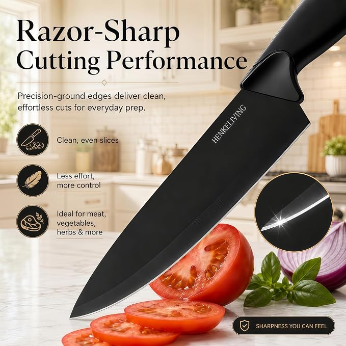 14-Piece Black Kitchen Knife Block Set with Built-In Sharpener | German high-carbon stainless steel blades, dishwasher safe, ultra-sharp edges, ergonomic non-slip handles