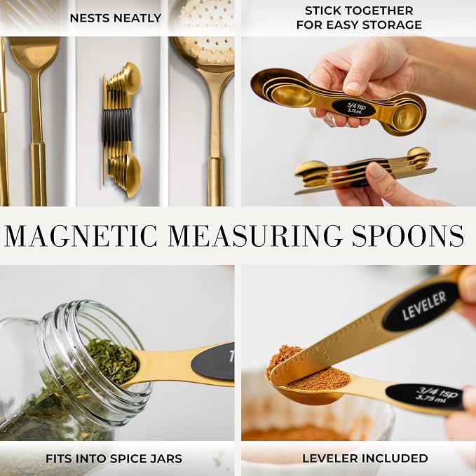 Styled Settings Black and Gold Kitchen Utensils Set – 15-Piece Cooking Set Includes Black Silicone Utensils, Gold Utensil Holder, and Magnetic Measuring Spoons – Stylish Kitchen Accessories