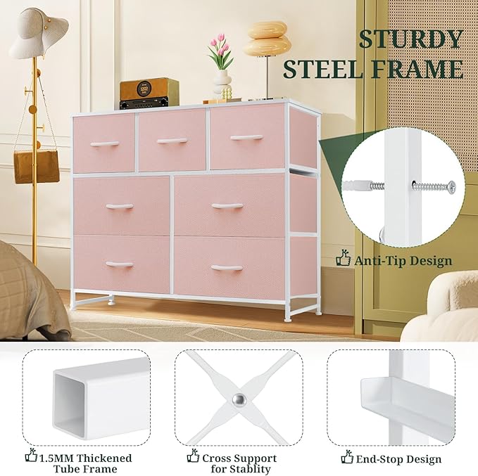 7-Drawer Dresser for Bedroom, Anti-Tip Wide Storage Organizer Fabric Chest of Drawers TV Stand for 45" TV with Wooden Top and Metal Frame for Closet, Living Room, Hallway, Entryway, Pink