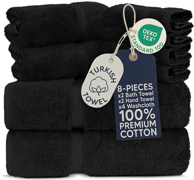 Towel Bazaar 8-Piece Towel Set, 100% Premium Cotton Turkish Towels,Luxury Towel Super Soft and Absorbent, Perfect Use for Bathroom, Shower Towels - Black