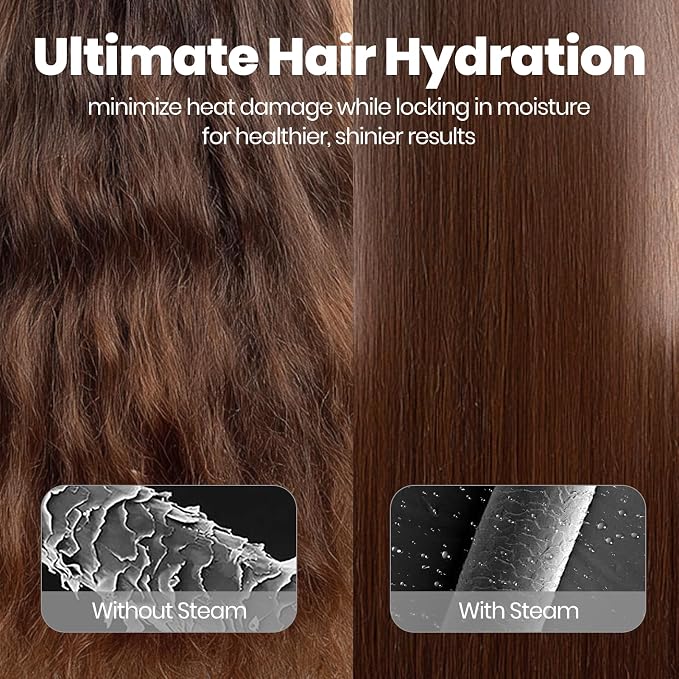 Steam Straightener Brush for Women Long Wavy Frizzy Hair, White | Dense ceramic bristles One pass straight 320-400℉ Anti-scald 5 temperature settings Dual voltage