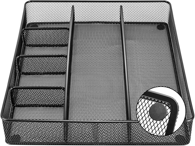 Amazon Basics Metal Mesh Desk Organizer with 6 Compartments, Anti-Slip Pen Holder Storage Tray for Office Supplies and Home, Black