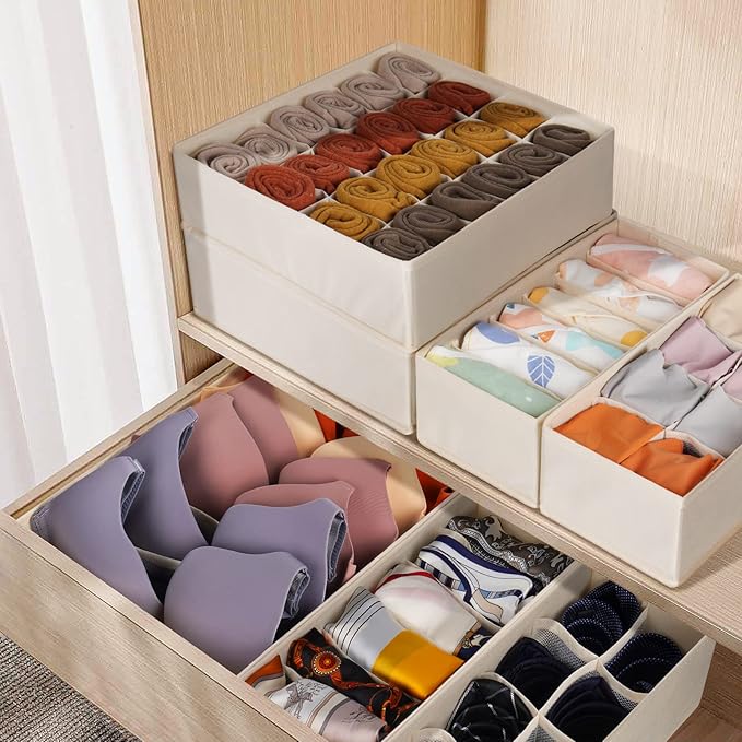 Criusia 6 Pack Sock Underwear Drawer Organizer Dividers, 58 Cell Foldable Fabric Dresser Closet Organizers and Storage Bins for Clothing, Baby Clothes, Bra, Panty, Scarf, Ties (Beige)