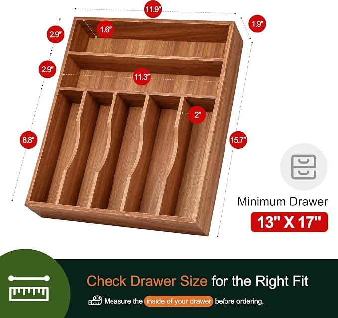 Kitchen Acacia Silverware Organizer - Extra Deep Grooved Drawer Divider, 7 Slot Utensil Organizer