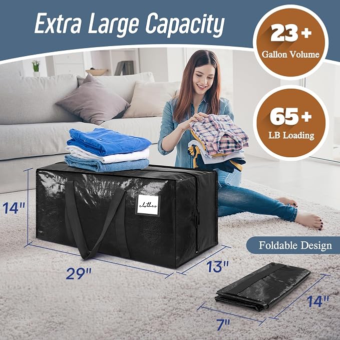 12 Pack Extra Heavy Duty Large Moving Bags with Strong Zipper, Black | Comfortable Handles, Sturdy & Durable Clothes Storage Bags Totes Bins, Blue Packing Moving Boxes for College Supplies