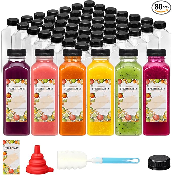 TOMNK 80pcs Juice Bottles, 16oz Reusable Plastic Juice Bottles with Caps and Labels, Funnel, Brush Beverage Containers for Juicing, Smoothies, Tea, Milk