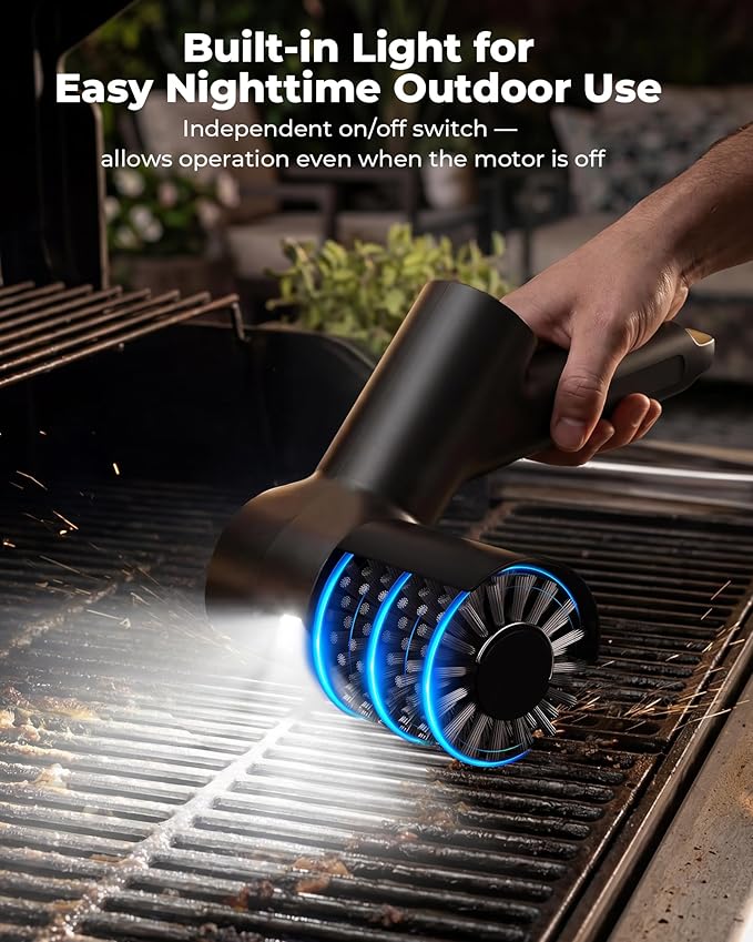 Electric Grill Brush, 3-Speed Cordless Rechargeable High Torque Grill Cleaner with LED Light, Waterproof Anti-Shedding SS Bristle BBQ Grill Brush for Outdoor Grill Safe for Porcelain Cast
