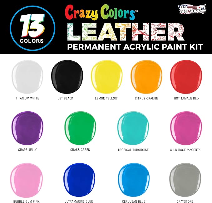 Crazy Colors Premium Acrylic Shoe & Leather Paint Kit 13-Color with 4 Brushes (1 oz Bottles) - Acrylic Leather Paint for Shoes, Sneakers, Jackets, Bags, Purses, Furniture