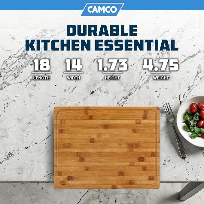 Camco Bamboo Cutting Board with Counter Edge | Perfect for Vegetables, Fruits, Meats, and Cheeses | Measures 18-inches x 14-inches x 1-3/4-inches (43545), Brown