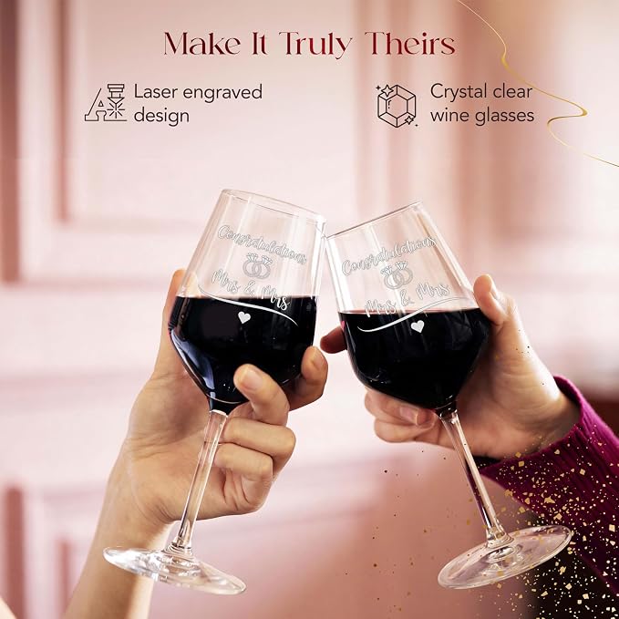 Congrats Mrs. & Mrs. Wedding Wine Glass Set, Lesbian, Wooden Box | Engraved Wine Glasses, Set Of 2, Congratulations Mrs And Mrs, Lesbian Wedding, Wooden Keepsake Box, Bottle Stopper, Corkscrew