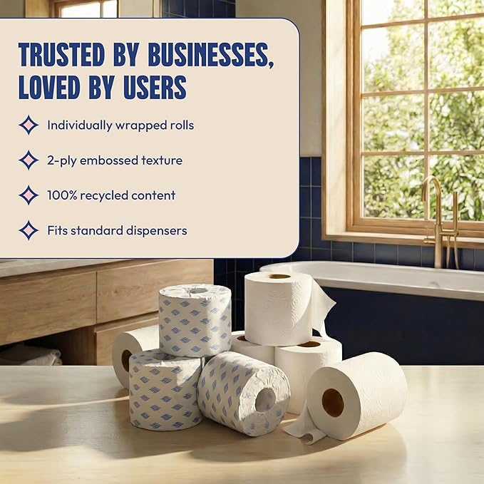 Toilet Paper Bulk 2-Ply White, 96 Individually Wrapped Rolls, 400 Sheets per Roll (38,400 Total Sheets), 100% Recycled Commercial Bath Tissue, Septic Safe Standard Roll for Office and Home