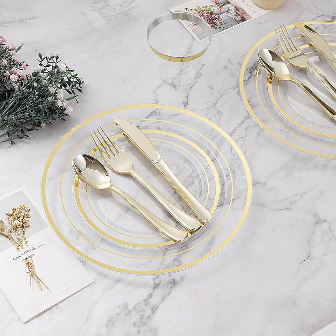 BESTVIP 150PCS Plastic Dinnerware Set (25 Guests), Clear Gold Disposable Plates for Party, Wedding, Christmas, Anniversary, Includes: Dinner Plates, Dessert Plates, Cups, Spoons, Forks and Knives