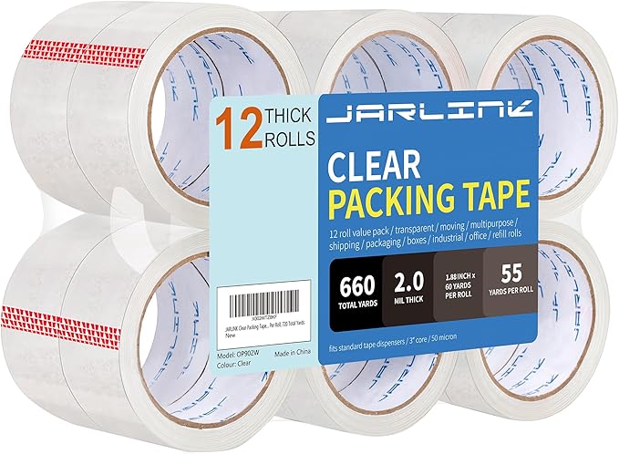 JARLINK 12 Rolls Clear Packing Tape, Heavy Duty Packaging Tape | 1.88 Inches Wide and 55 Yards per Roll, 660 Total Yards. Value Bulk Pack Clear Box Sealing Tape for Shipping