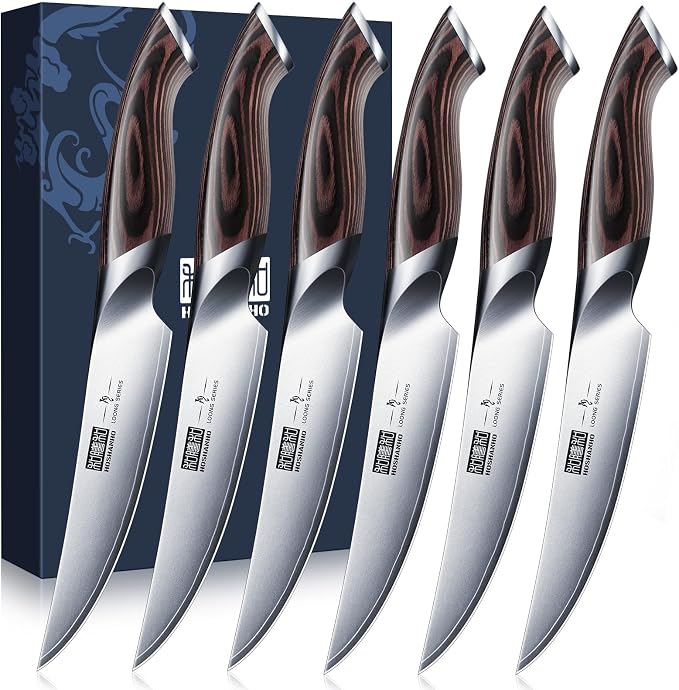 HOSHANHO Steak Knives Set of 6, 4.5 Inch Non Serrated Steak Knife Set | Ultra Sharp Japanese High Carbon Steel Kitchen Steak Knives with Ergonomic Handle, Ideal Gifts
