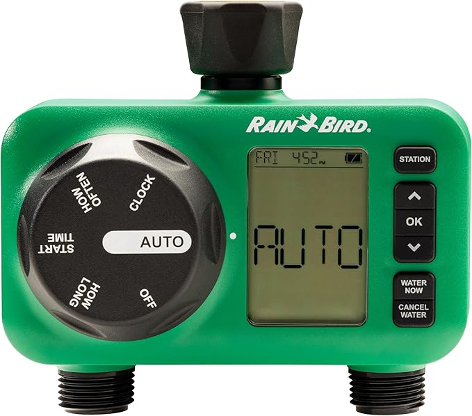 Rain Bird HET200 Electronic Digital Hose End Watering/Irrigation Timer, Battery Operated, 3/4" Garden Hose Thread, Heavy-Duty Brass Inlet, 2 Outlets/Ports
