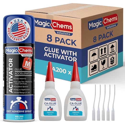 CA Glue with Activator Kit (16 x 0.8 oz Glue + 8 x 6.7 fl oz Activator), Cyanoacrylate Adhesive for 3D Printing & Acrylic, Strong Bond Super Glue Accelerator Set (8 Pack)