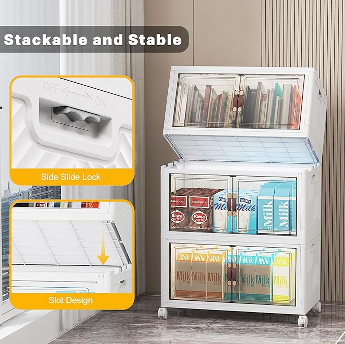 Stackable Storage Bins, 312QT Collapsible Drawers with 2 Lids | Large Capacity, Magnetic Door, Stack Lock, Rolling Wheels, Foldable Design, Organizers and Storage for Bedroom Dorm Garage