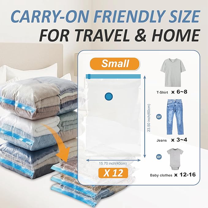 Cozy Essential Vacuum Storage Bags, 80% Compression Vacuum Seal Space Saver Plastic Packaging Bags for Clothes, Blankets, Pillow, Bedding, Comforters, Sealer Clothing Storage,12 Small