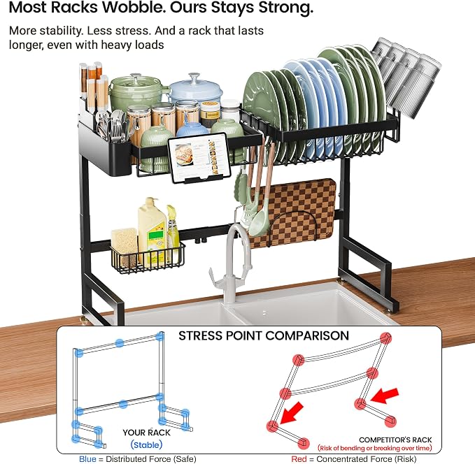 ADBIU Over The Sink Dish Drying Rack (Expandable Height and Length) Snap-On Design 2 Tier Large Dish Rack