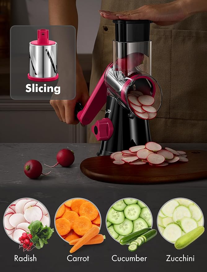 Cheese Grater Rotary, Rotary Grater for Kitchen, Kitchen Vegetable Slicer with 3 Drum Blades, Fast Cutting Cheese Shredder for Vegetables and Nuts (Black+Rosy, 3 BLADES)