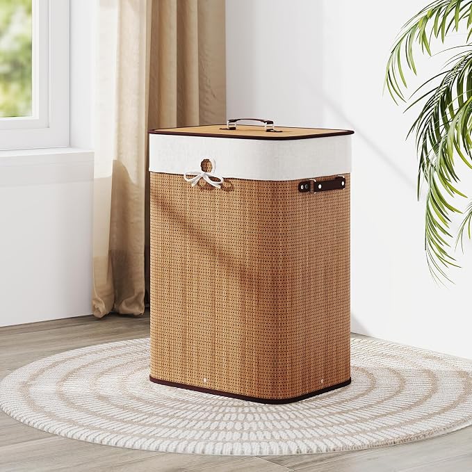 Giantex Bamboo Laundry Hamper with Lid Removable Liner & Handles | 72L Large & Tall Clothes Hamper, Rectangular Laundry Basket for Small Spaces, Laundry Room, Bedroom, Bamboo