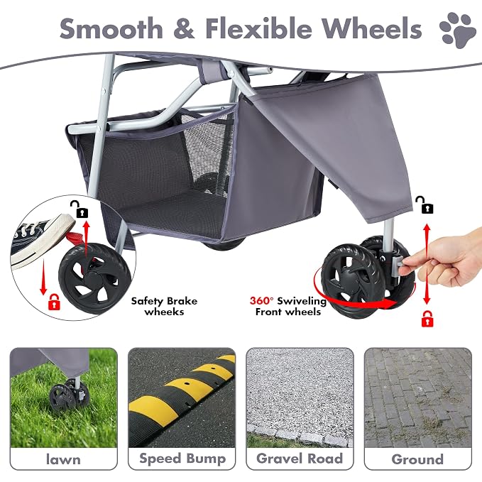 DUMOS 3 Wheels Pet Stroller for Small Dogs and Cats, Foldable Dog Stroller with Mesh Windows, Storage Basket & Cup Holder, Lightweight & Durable Pet Carrier for Outdoor Use, Grey