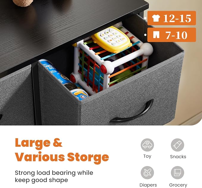 Sweetcrispy 9 Drawer Fabric Dresser Tall Chest Storage Organizer Tower | Cabinet Metal Frame and Wood Top Lightweight Closet Furniture for Bedroom, Charcoal Grey