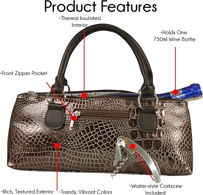 Wine Clutch Bag (Thermal Insulated) Trendy Women’s Carry Tote | Holds Red & White 750mL Bottles | Trendy Fashion | Incl. Portable Waiter-Style Corkscrew