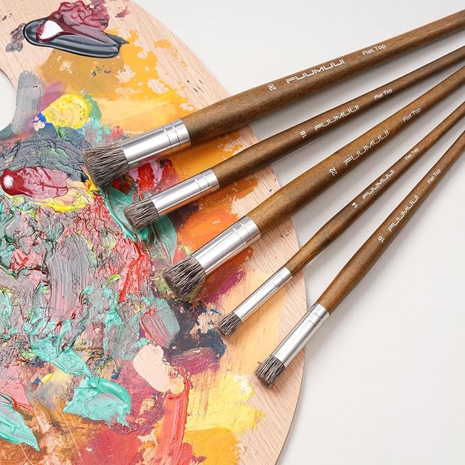 Professional Oil Paint Brushes, Fuumuui 5Pcs Natural Badger Bristle Blending Brush Set for Acrylic, Oil and Gouache - Round Flat Top Shape with Birch Handle